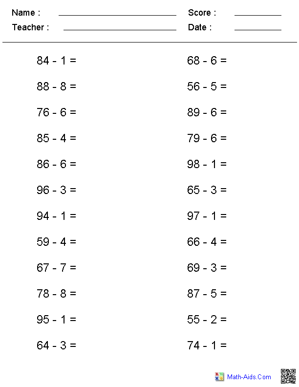 No Regroup Horizontal Format Subtraction Worksheets