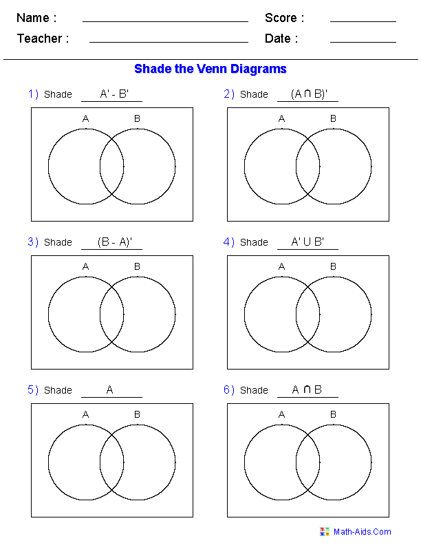 Shade the Regions Two Sets Venn Diagram Worksheets