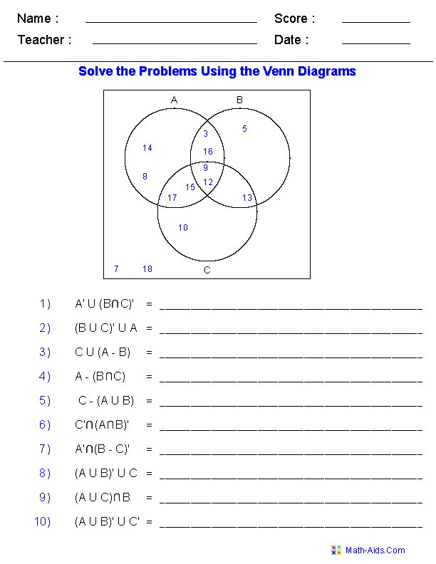 Set Notation Using Three Sets Venn Diagram Worksheets