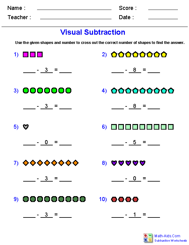 Visual Subtraction Subtraction Worksheets