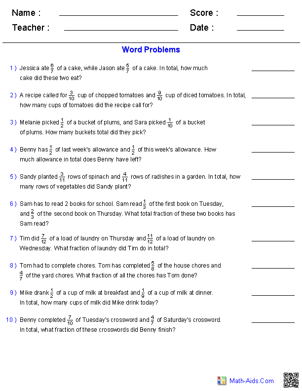 Adding Two Fractions Word Problems Worksheets