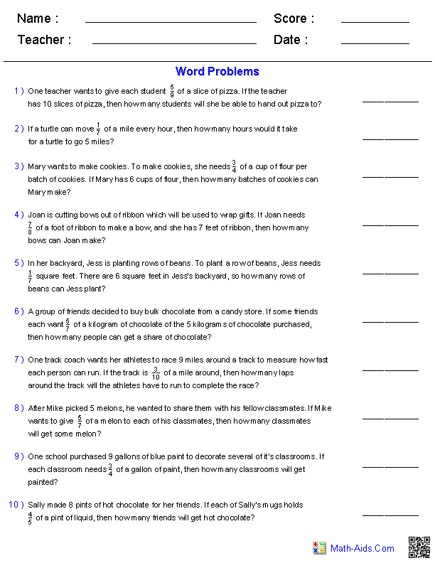 Dividing Fractions Word Problems Worksheets