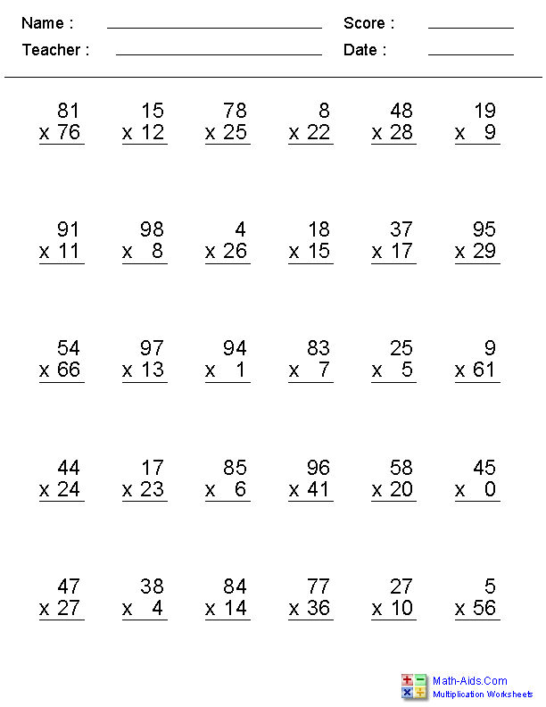 Zero to 99 Facts Multiplication Worksheets