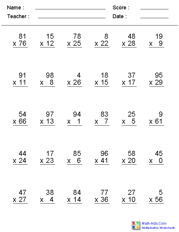 Maths Aids Worksheets Multiplication