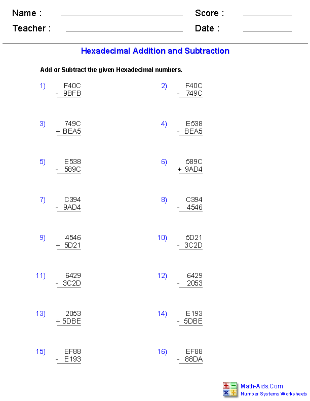 Adding & Subtracting Hexadecimals Number Systems Worksheets