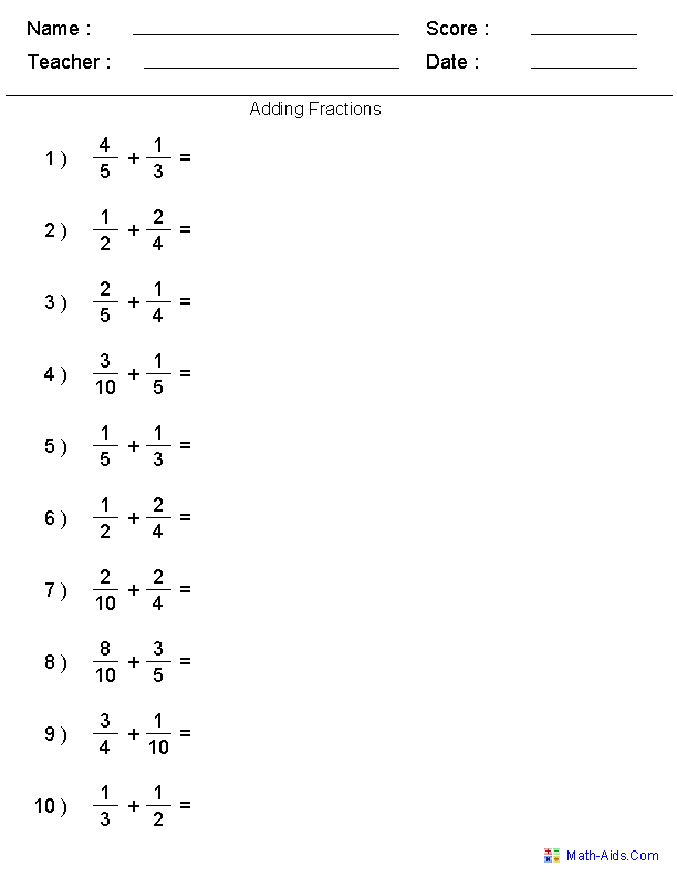 Adding Two Fractions Worksheets