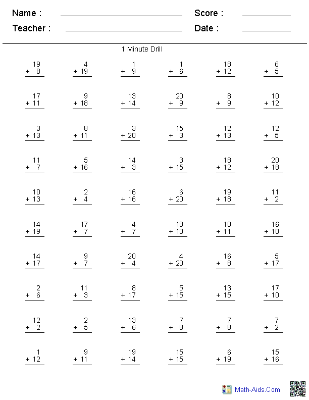 5 Minute Drills Addition Worksheets