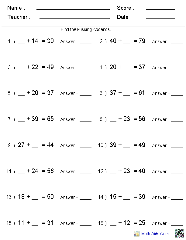 Missing Addend Addition Worksheets