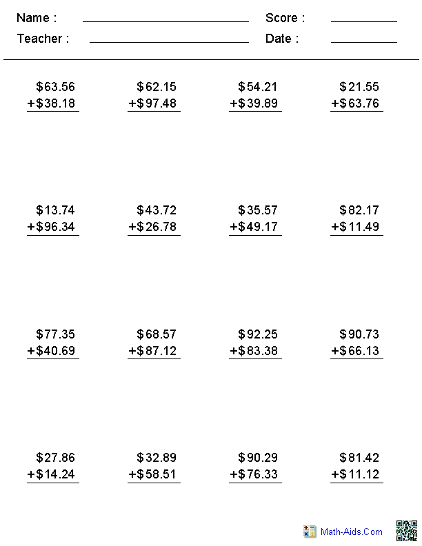 Adding Money Addition Worksheets