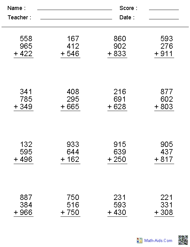 Addition homework sheets