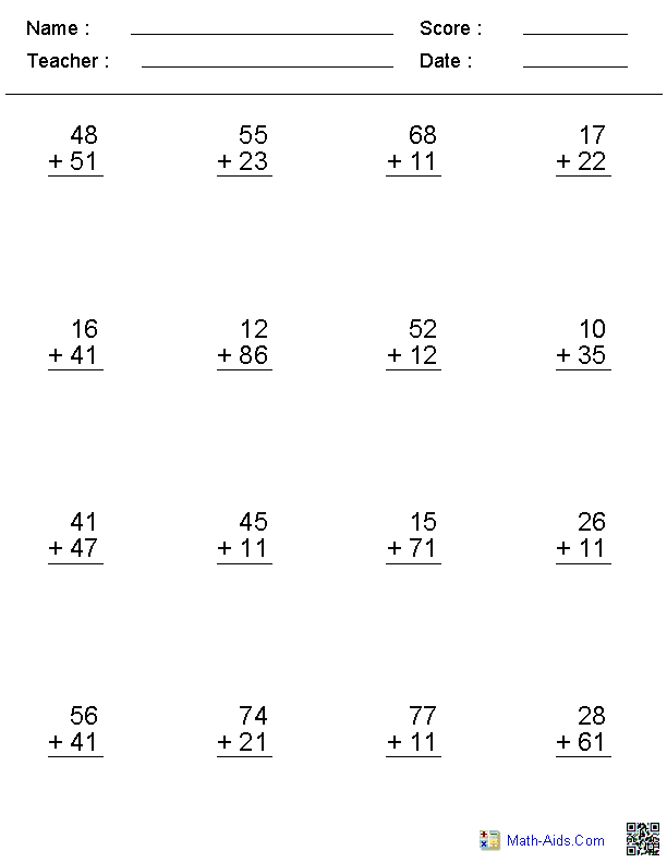 No Regroup Addition Worksheets