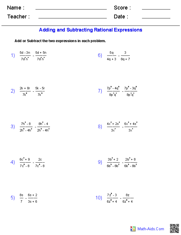 Algebra 1 Worksheets | Rational Expressions Worksheets