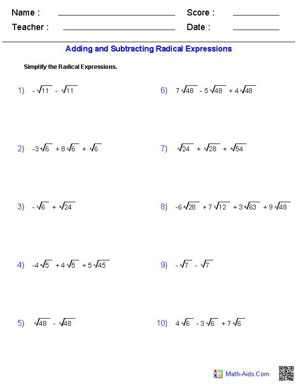 Adding & Subtracting Radical Expressions Exponents & Radicals Worksheets