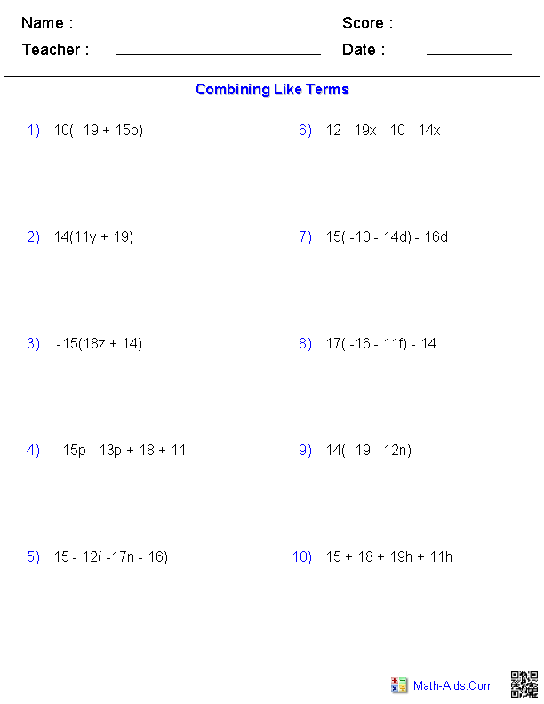 Combining Like Terms Basics Worksheets