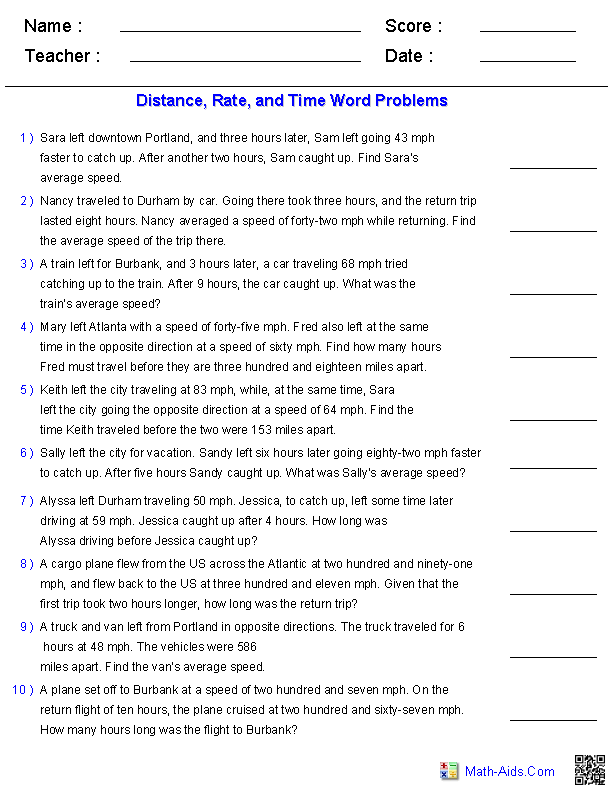Distance, Rate, and Time Word Problems Worksheets