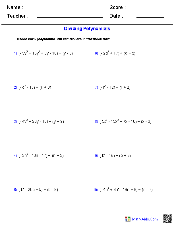 Dividing Polynomials Polynomials Worksheets