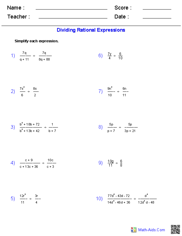 Algebra 1 Worksheets Rational Expressions Worksheets