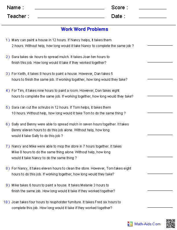 Rational Equations Word Problems Worksheet