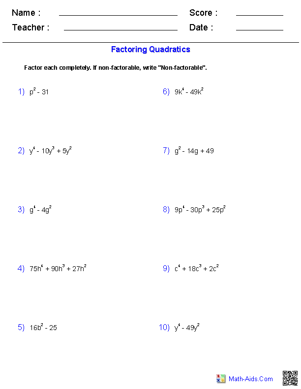 Factoring Special Polynomials Polynomials Worksheets