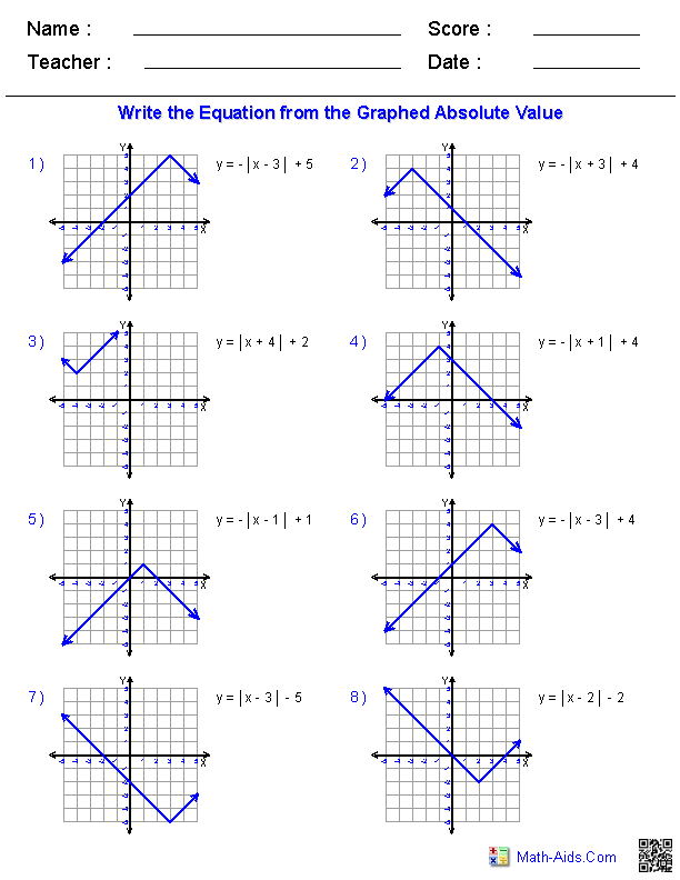 Graphing Absolute Value Linear Functions Worksheets