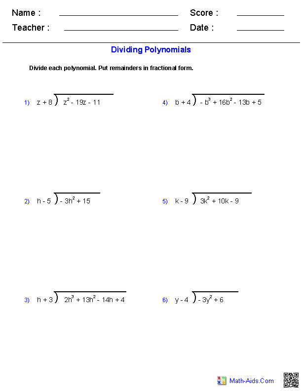 Dividing Polynomials By Binomials Worksheet With Answers