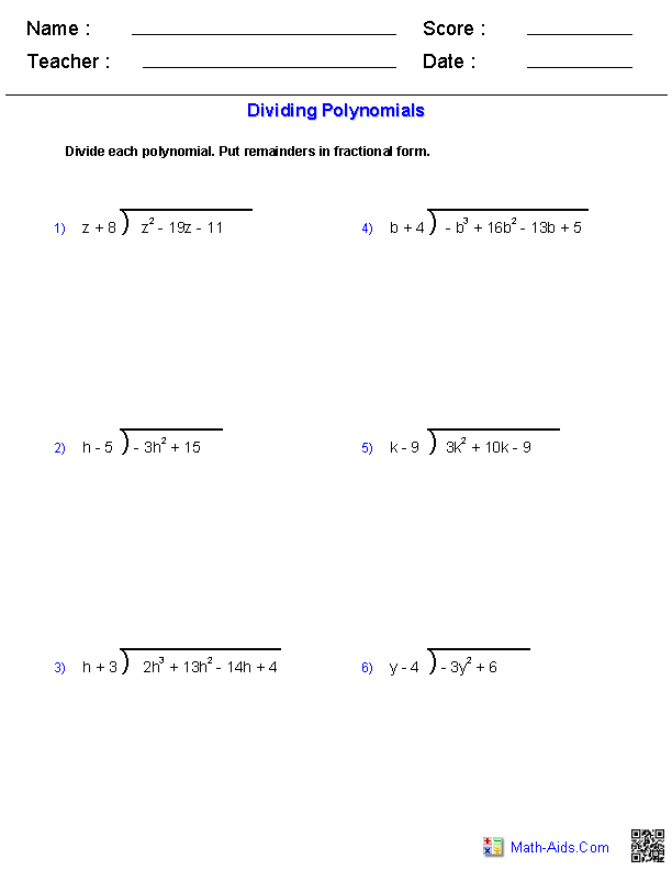 Dividing Polynomials with Long Division Polynomials Worksheets