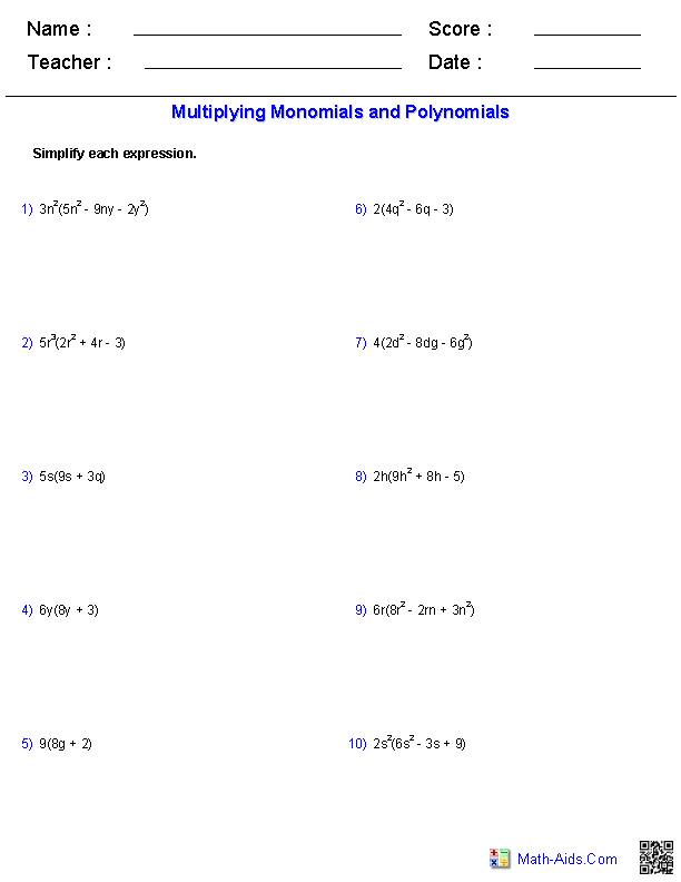 Algebra 1 Worksheets Monomials And Polynomials Worksheets