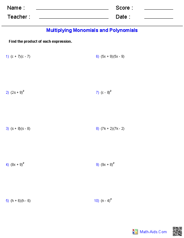 Algebra 1 Worksheets Monomials And Polynomials Worksheets