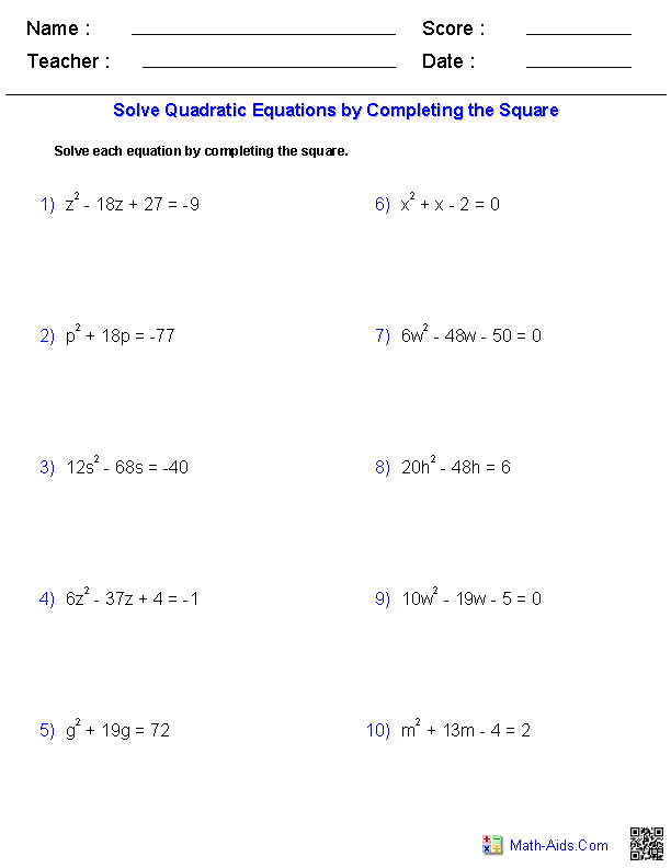 Solving quadratic equations by completing the square practice problems