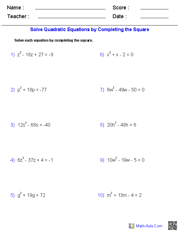 Algebra 1 Worksheets  Quadratic Functions Worksheets