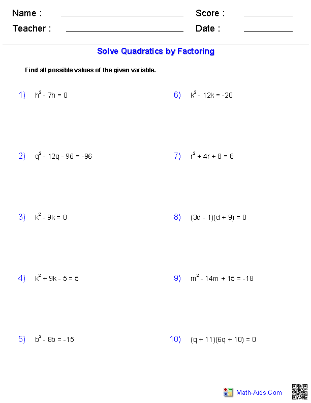 Solving Quadratic Equations Worksheet