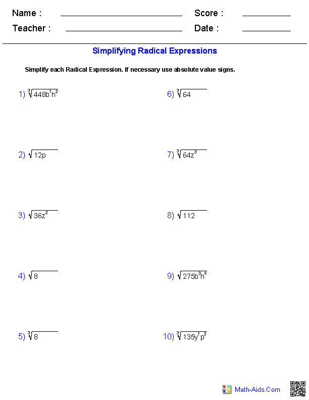 Algebra 1 Worksheets | Radical Expressions Worksheets