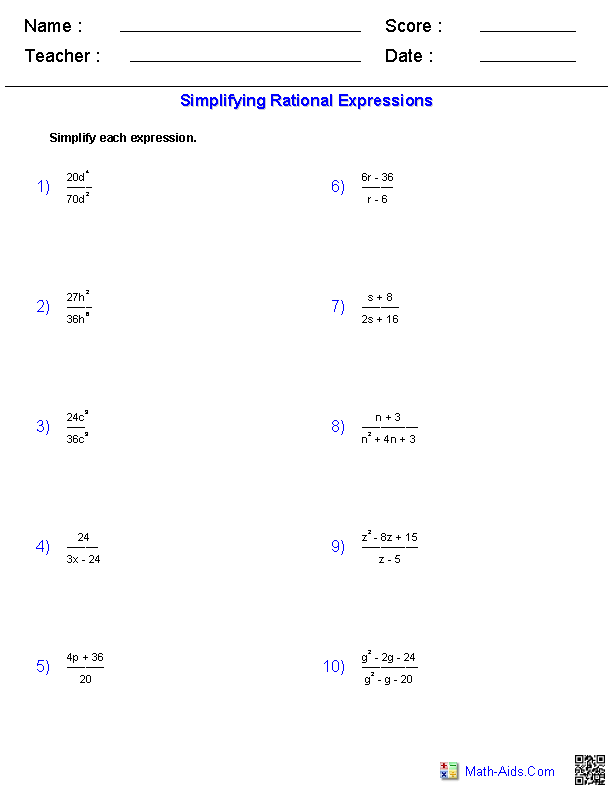 Algebra 1 Worksheets Rational Expressions Worksheets