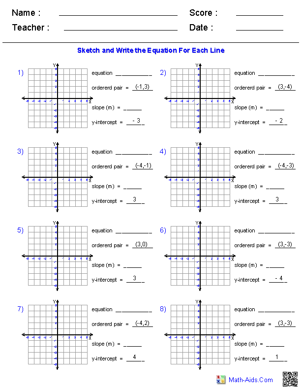 Graph Lines from Y-Intercept & Point Linear Equations Worksheets