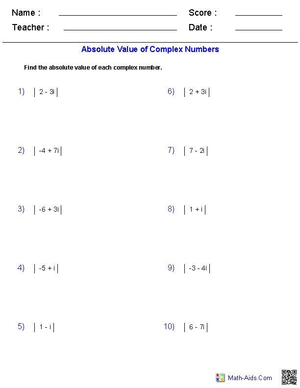 Algebra 2 Worksheets  Complex Numbers Worksheets