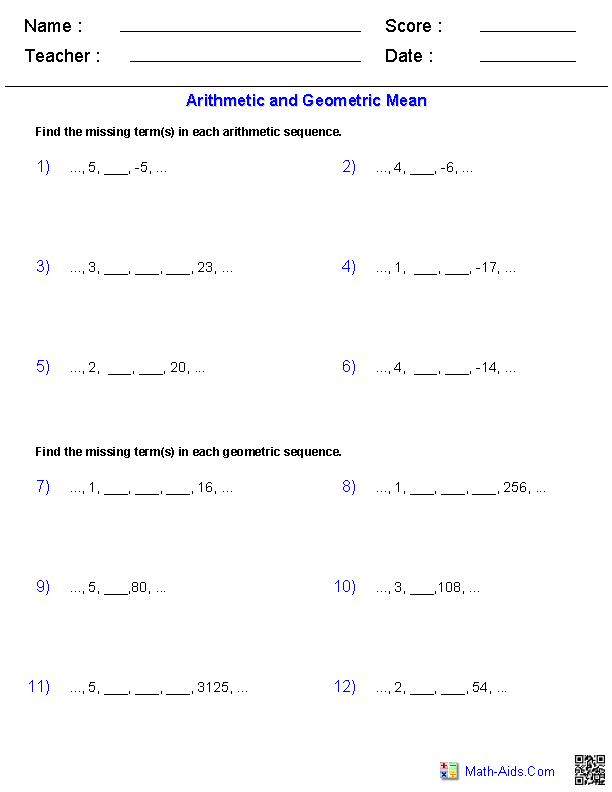 Algebra 2 Worksheets  Sequences and Series Worksheets