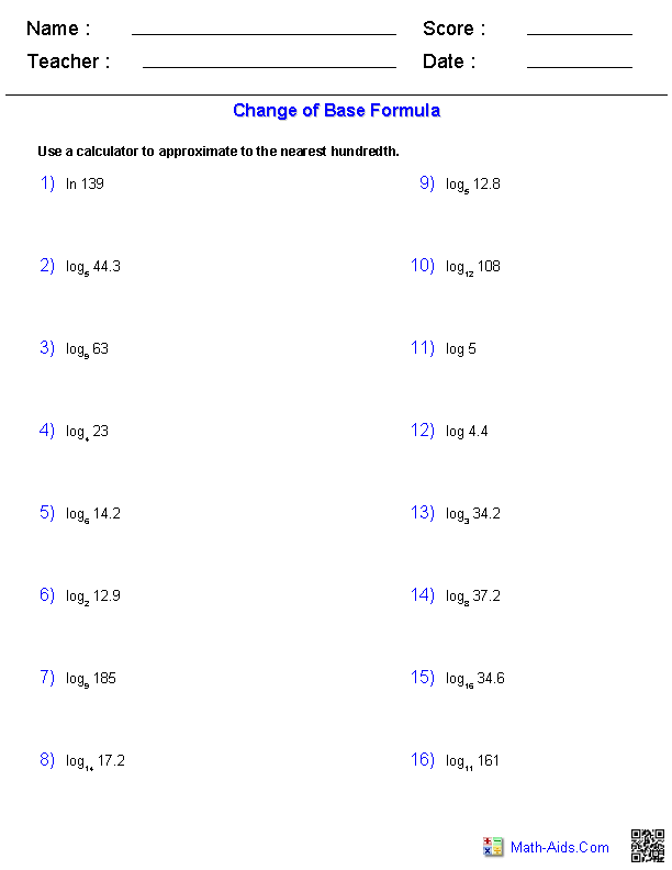 Change of Base Formula Exponential Worksheets