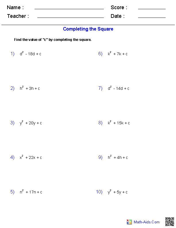 Completing the Square Quadratics Worksheets