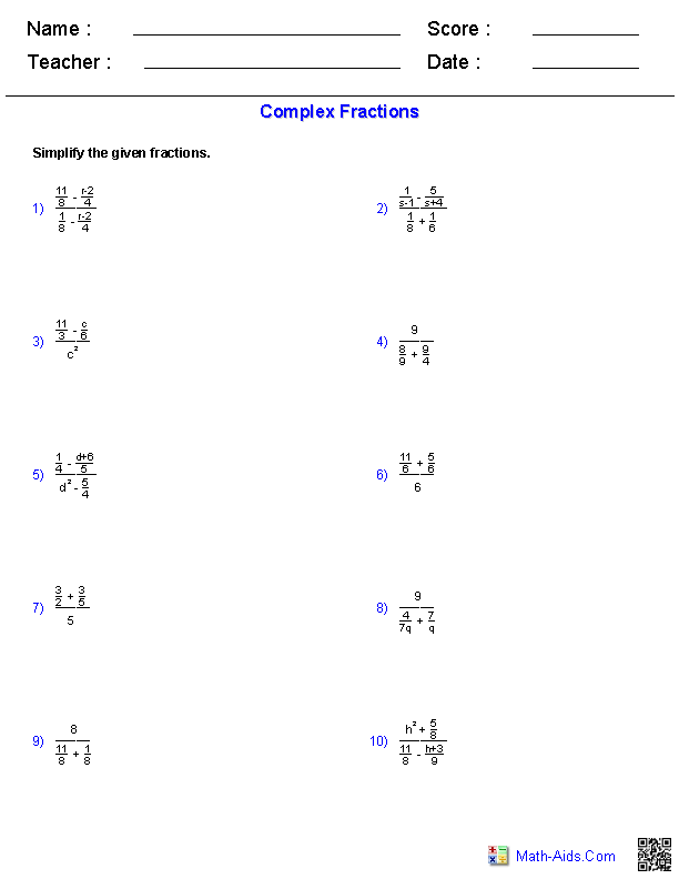 Complex Fractions Worksheet With Answers