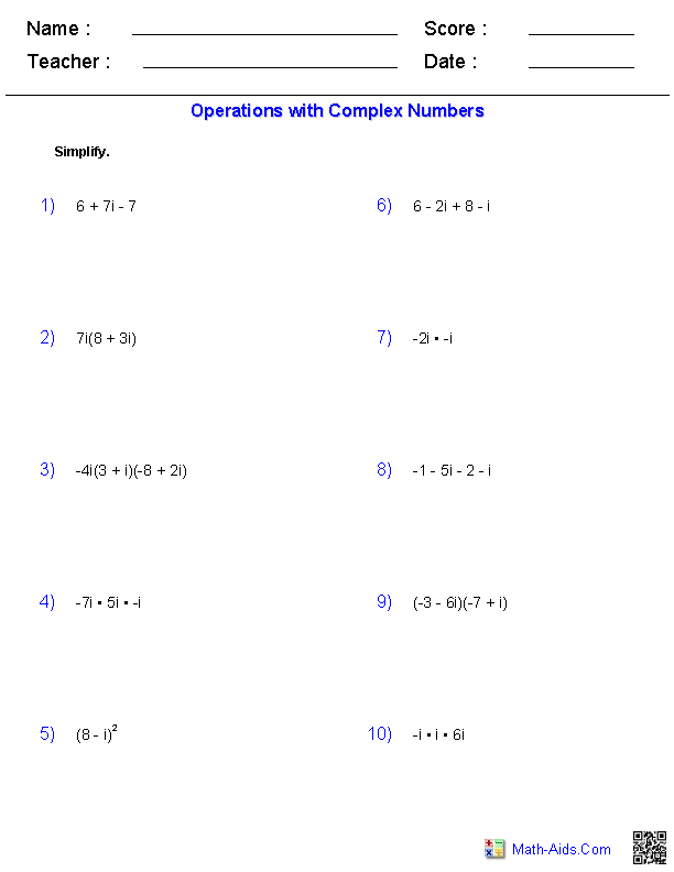 Complex Numbers Worksheet Answer Key