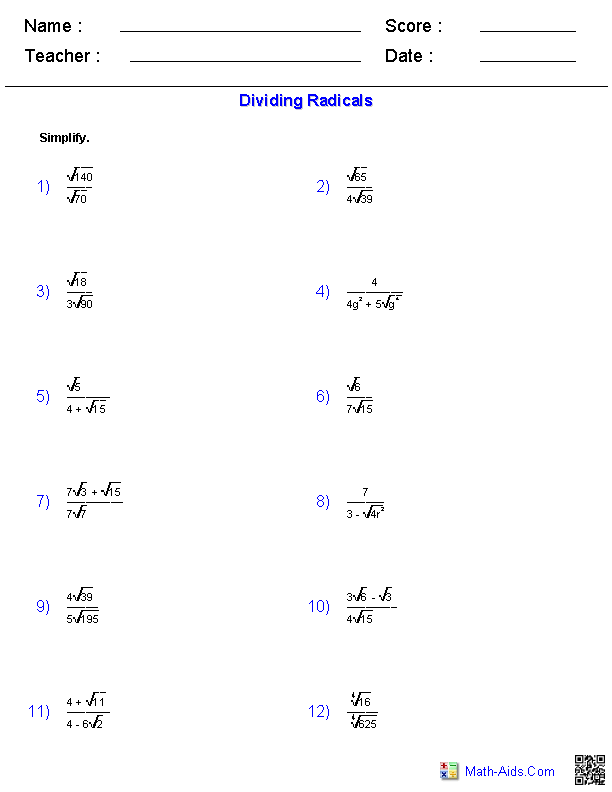 Dividing Radicals Radicals Worksheets