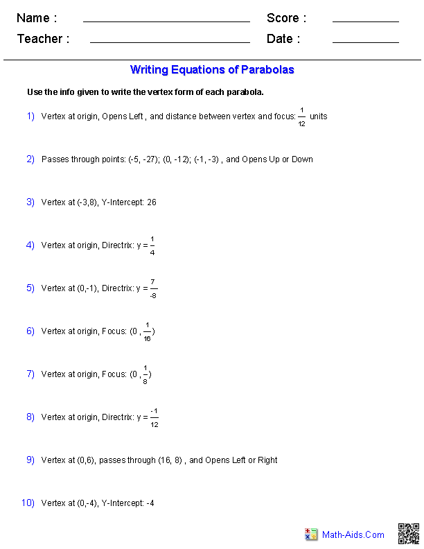 Algebra 2 Worksheets  Quadratic Functions and Inequalities Worksheets