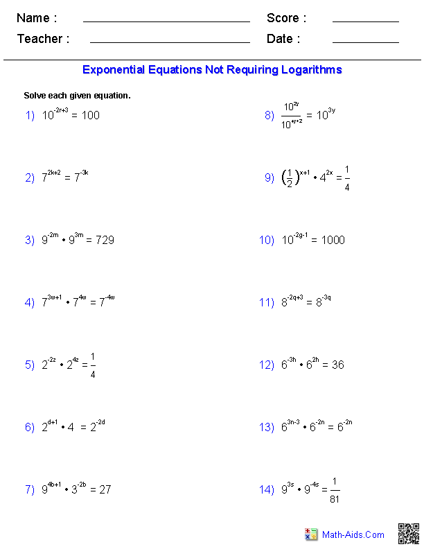 Algebra 2 Worksheets  Exponential and Logarithmic Functions Worksheets