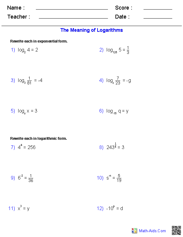 Algebra 2 Worksheets  Exponential and Logarithmic Functions Worksheets