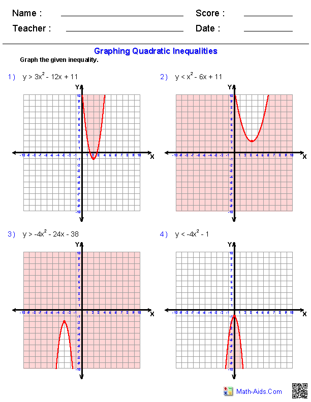 Graphing Inequalities Quadratics Worksheets