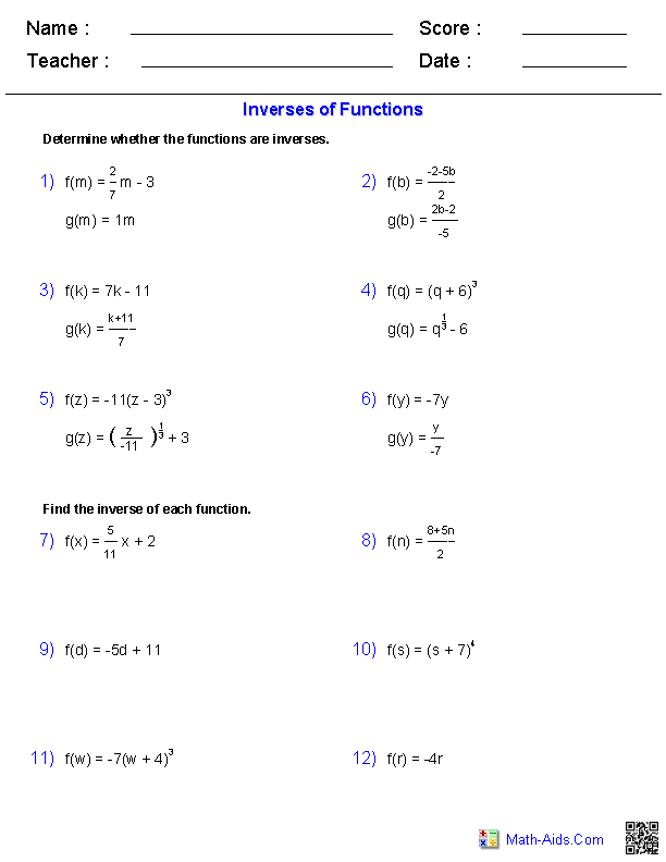 Inverse Functions Functions Worksheets