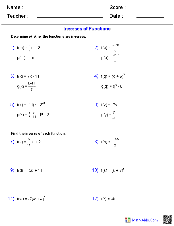 Inverse Functions Worksheet Multiple Choice