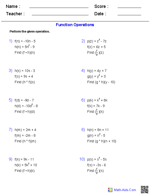 Evaluating Functions Worksheet Algebra 1