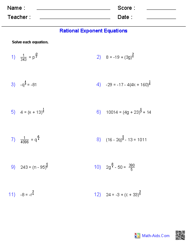 Rational Exponents Radicals Worksheets