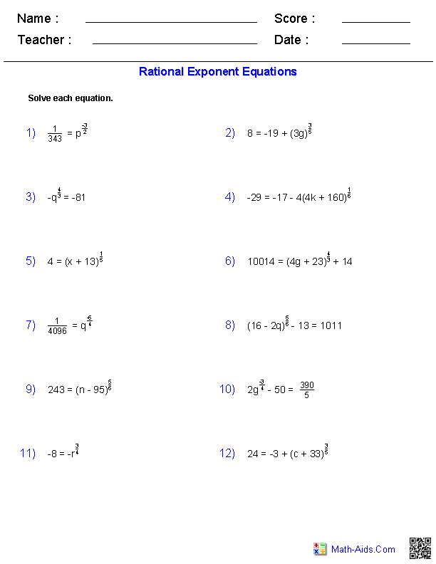 Algebra 2 Worksheets | Radical Functions Worksheets